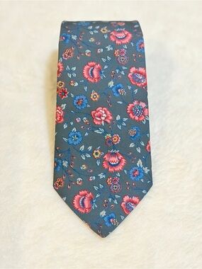 Roberto London Men's Tie in Gray with Pink and Blue Floral Accents